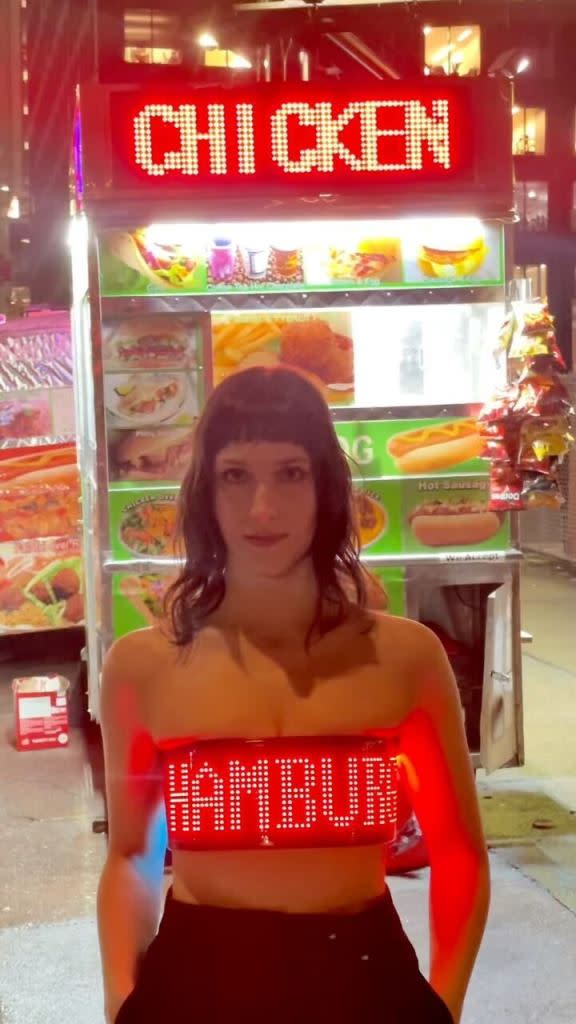 Avant-garde fashion designer Edna St. Louis has turned LED food cart signs into high-fashion togs. Courtesy Edna St. Louis