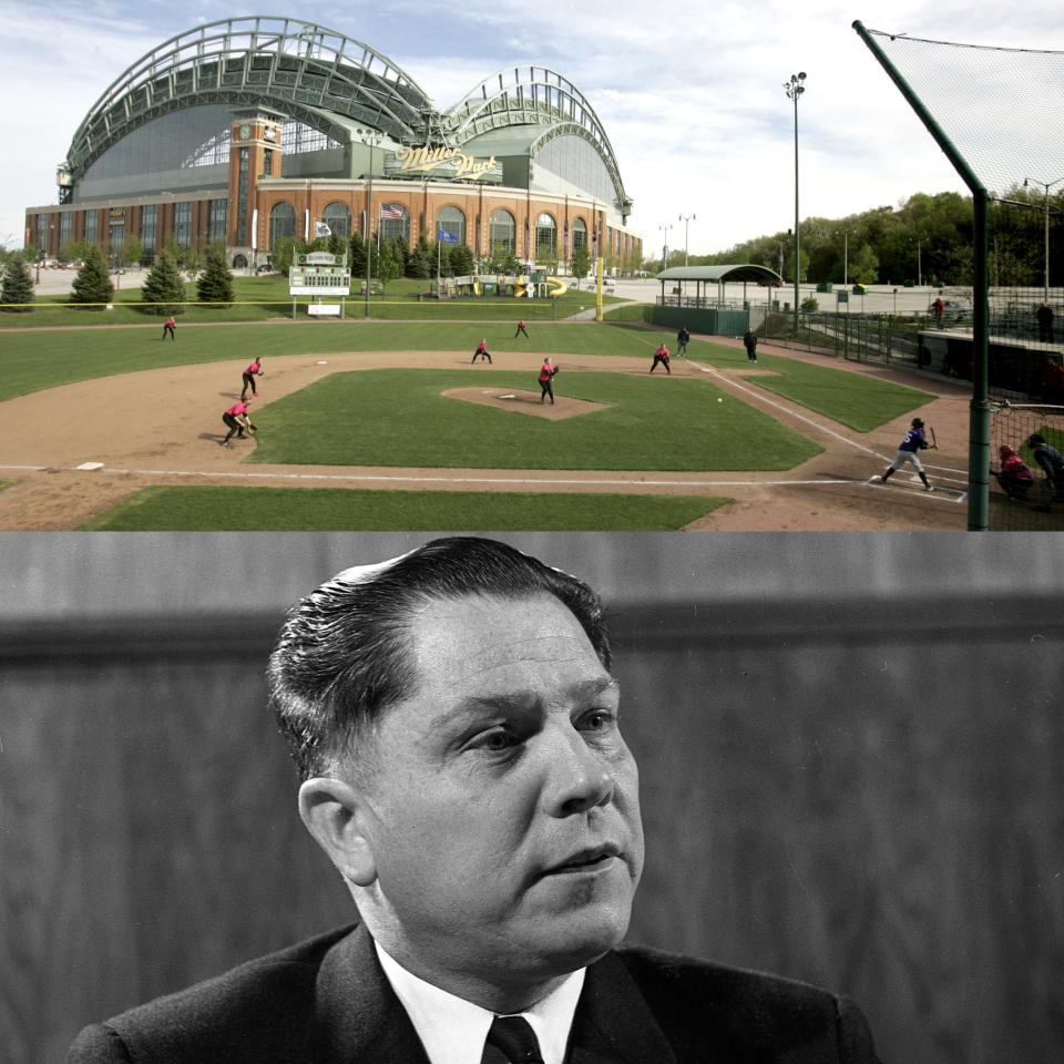 Helfaer Field (top), a little league stadium built in the area that used to be Milwaukee County Stadium, could hold the location of (below) Jimmy Hoffa's relocated body, according to a group called The Case Breakers. Hoffa has been missing since 1975.