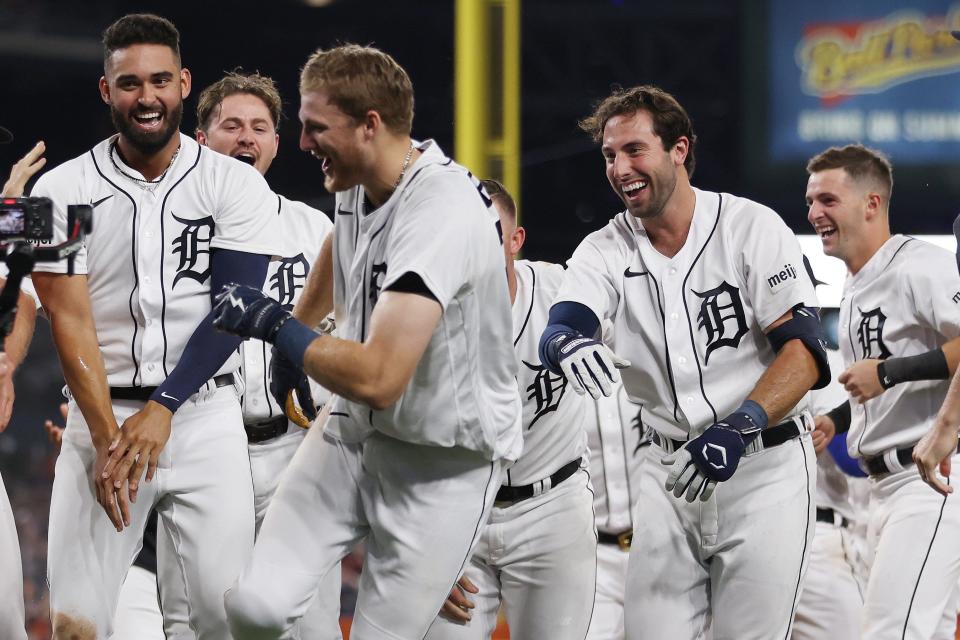 Tigers center fielder Parker Meadows celebrates his walk-off three-run home run in the Tigers' 4-1 win over the Astros at Comerica Park on Friday, Aug. 25, 2023.