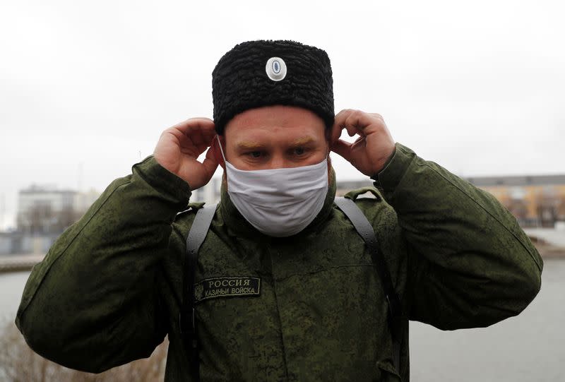 Cossacks wear SilverMask reusable face masks as they patrol the streets in Kaliningrad