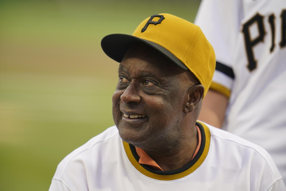 FILE - Gene Clines, a member of the 1971 World Champion Pittsburgh Pirates, takes part in a celebration of the 50th anniversary of the championship season before of a baseball game between the Pirates and the New York Mets in Pittsburgh, Saturday, July 17, 2021. Clines, part of the first all-minority lineup in Major League Baseball history and a line drive-hitting outfielder for the 1971 World Series champion Pittsburgh Pirates, died Thursday, Jan. 27, 2022. He was 75. Clines’ wife, Joanne, told the Pirates that Clines died at his home in Bradenton, Florida. (AP Photo/Gene J. Puskar, FIle)