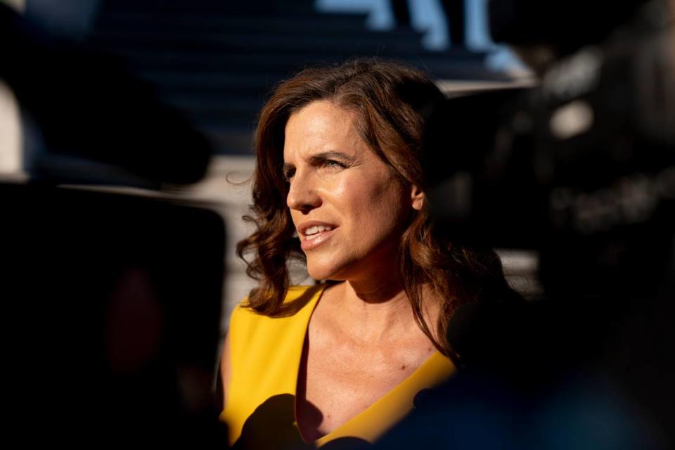 Rep. Nancy Mace, R-S.C., speaks to reporters after the House voted to hold former White House Senior Adviser Steve Bannon in contempt of Congress for defying a subpoena from the committee investigating the violent Jan. 6 Capitol insurrection Thursday, Oct. 21, 2021, at the Capitol in Washington. (AP Photo/Andrew Harnik)