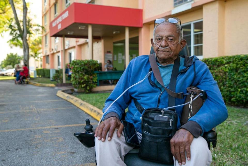 Juan Salazar, 77, outside of his apartment home in Little Havana, Florida on Saturday, February 5, 2022. Salazar explained his party affiliation was changed from Democrat to Republican without his permission.
