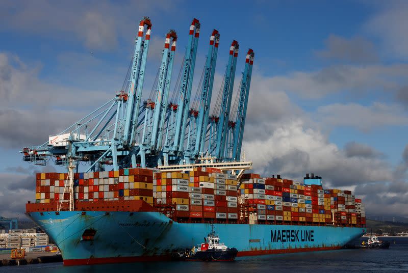 Containers are seen on the Maersk's Triple-E giant container ship Majestic Maersk in the port of Algeciras
