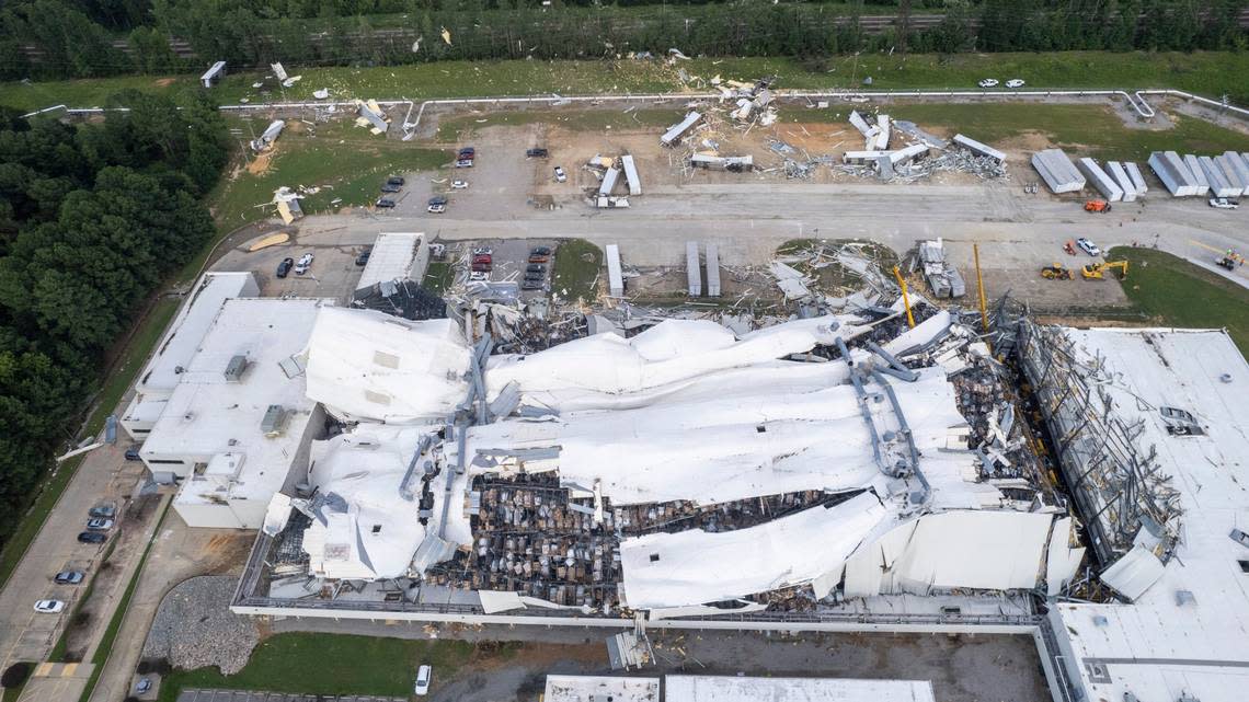 A section of a Pfizer facility in Rocky Mounty sustained heavy tornado damage Wednesday, July, 19, 2023. Travis Long/tlong@newsobserver.com