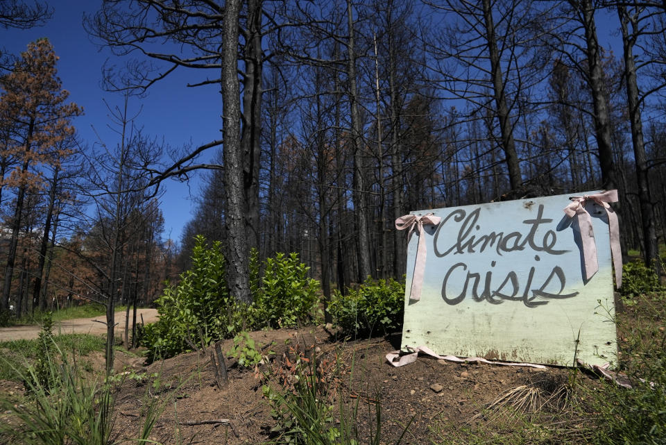 FILE - A sign reading "climate crisis" sits on a resident's burned property Tuesday, Aug. 9, 2022, in Gallinas, N.M. Members of New Mexico's congressional delegation are looking for assurances from the U.S. Forest Service that the agency is taking preventative measures to keep future prescribed fires from turning into disasters. (AP Photo/Brittany Peterson,File)