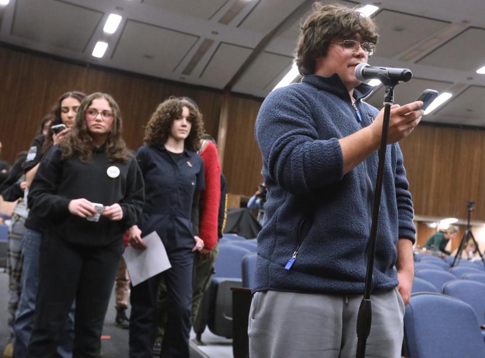 Clarkstown student River Traitz speaks during a board meeting at Clarkstown South High School in West Nyack Feb. 8, 2024.