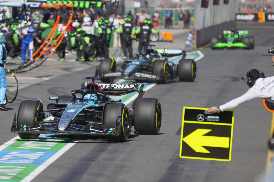 Mercedes driver George Russell of Britain steers his car into pit lane during the Australian Formula One Grand Prix at Albert Park, in Melbourne, Australia, Sunday, March 24, 2024. (AP Photo/Scott Barbour,Pool)