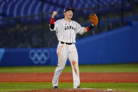 Japan's Munetaka Murakami celebrate after a semi-final baseball game against South Korea at the 2020 Summer Olympics, Wednesday, Aug. 4, 2021, in Yokohama, Japan. Japan won 5-2. (AP Photo/Matt Slocum)