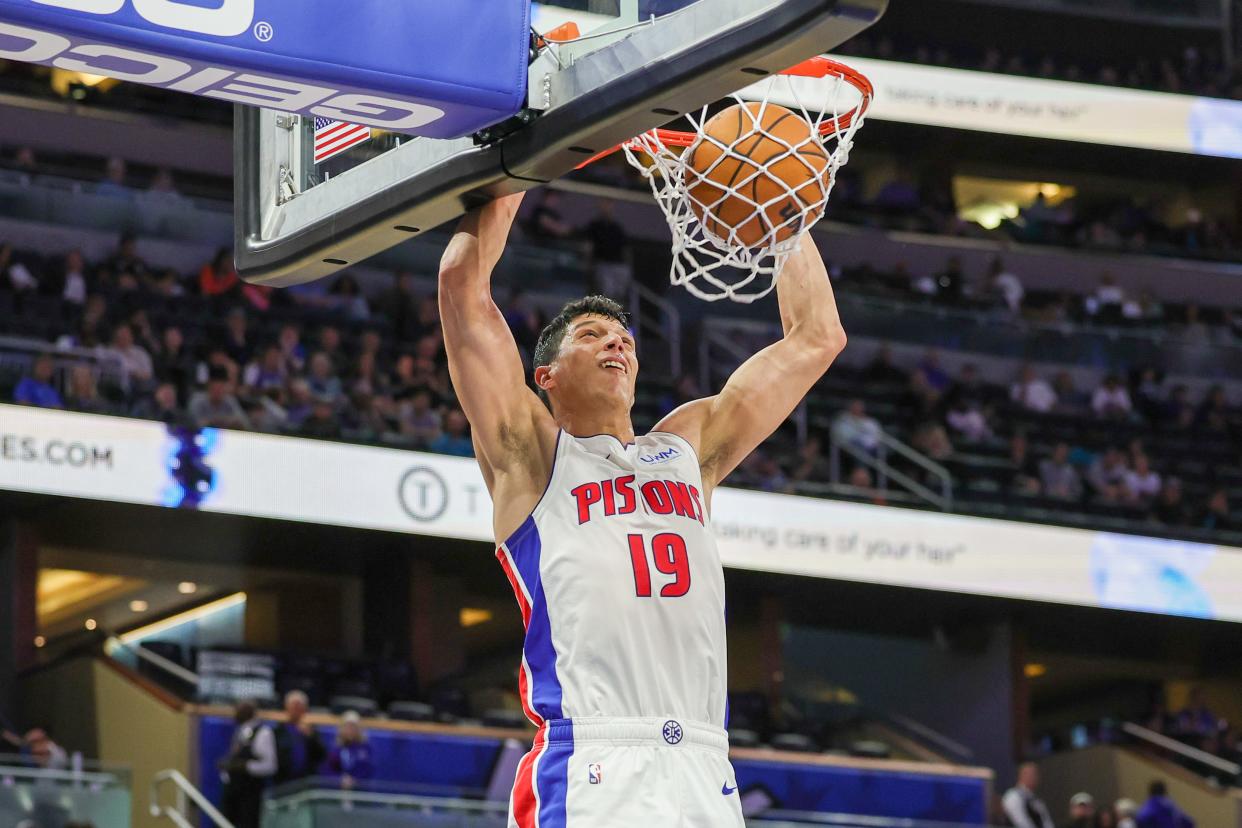 Detroit Pistons forward Simone Fontecchio dunks during the second half against the Orlando Magic at KIA Center, Sunday, March 3, 2024, in Orlando, Fla.