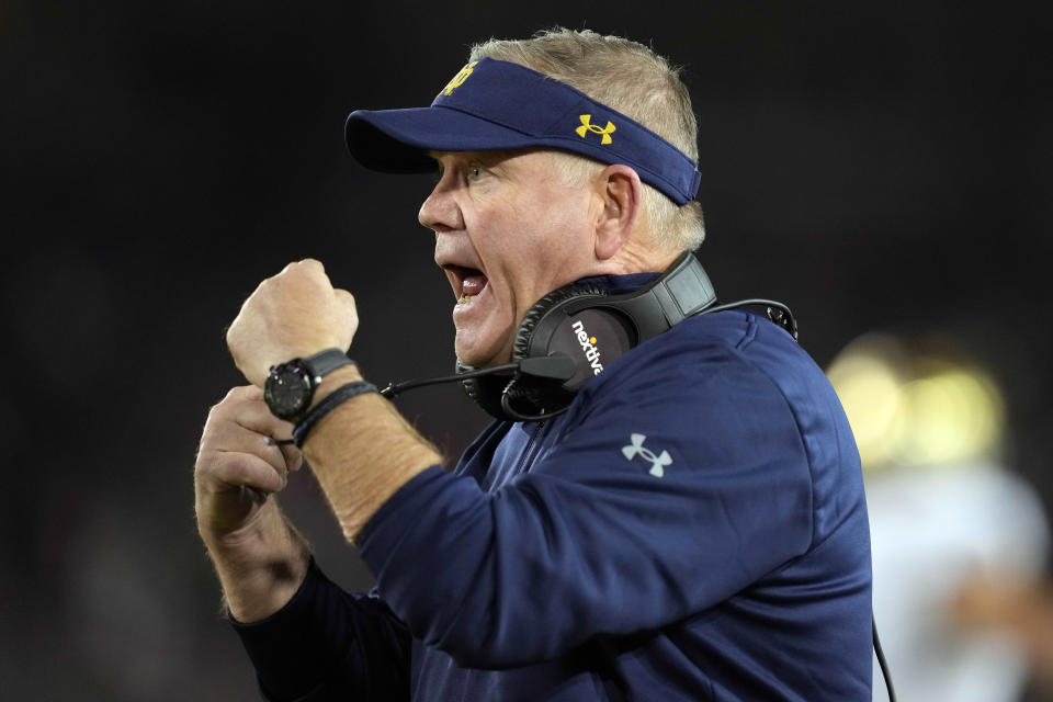 Nov 27, 2021; Stanford, California, USA; Notre Dame Fighting Irish head coach Brian Kelly reacts during the second quarter against the Stanford Cardinal at Stanford Stadium. Mandatory Credit: Darren Yamashita-USA TODAY Sports