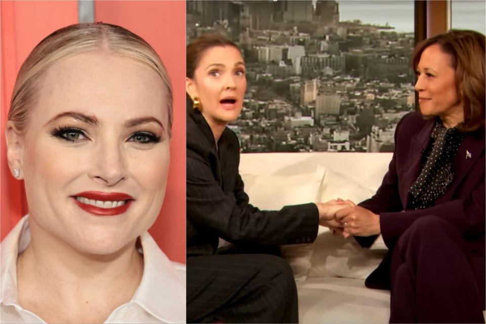 Meghan McCain (left) and Drew Barrymore and Kamala Harris on ‘The Drew Barrymore Show’ (CBS)