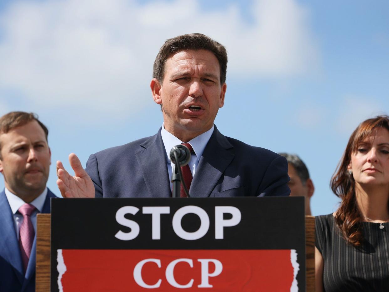 Florida Gov. Ron DeSantis speaks during a press conference held at the Florida National Guard Robert A. Ballard Armory on June 07, 2021 in Miami, Florida. The governor had the press conference to speak about two bills he signed to combat foreign influence and corporate espionage in Florida from governments like China.