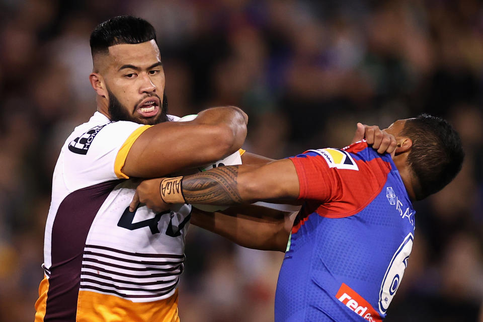 Seen here, Brisbane's Payne Haas being tackled during the round 11 match against the Newcastle Knights.