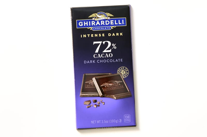 overhead shot of a bar of ghirardelli intense dark chocolate.