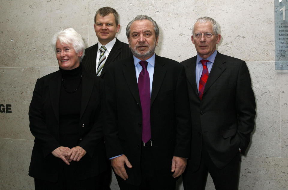 Sir Alan Sugar (second right) with his assistants on the show Margaret Mountford and Nick Hewer (right), and presenter of The Apprentice: You're Fired Adrian Chiles, launche a new series of The Apprentice, at the London Stock Exchange.