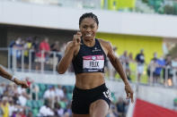 Allyson Felix finishes in second place in the women's 400-meter run at the U.S. Olympic Track and Field Trials Sunday, June 20, 2021, in Eugene, Ore. (AP Photo/Ashley Landis)