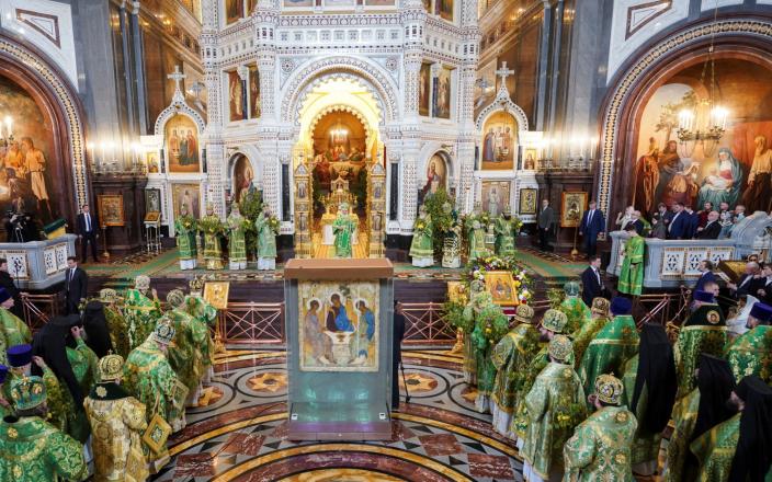 Patriarch Kirill of Moscow and All Russia leads Holy Trinity service with Trinity icon - Moscow Patriarchate News Service/Reuters