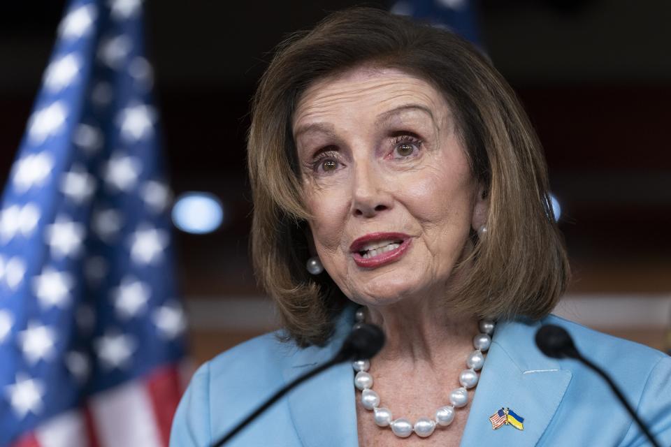 FILE - Speaker of the House Nancy Pelosi, of California, speaks during a news conference on May 19, 2022, on Capitol Hill in Washington. The conservative Catholic archbishop of San Francisco said Friday, May 20, 2022, that he would no longer allow Pelosi to receive Communion because of her support for abortion rights. (AP Photo/Jacquelyn Martin, File)