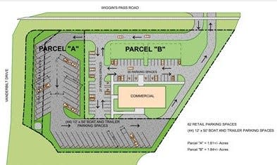 In the Know: A site plan placed in Collier County records in March 2023 includes 106 parking spots, many for boat trailers, at the southeastern corner of Vanderbilt Drive and Wiggins Pass Road in North Naples, across from Cocohatchee River Park.