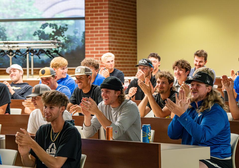 The Spalding University Eagles baseball team cheered after being chosen as the No. 1 seed in the Transylvania regional in the 2024 NCAA Division III baseball chapionship. May 13, 2024