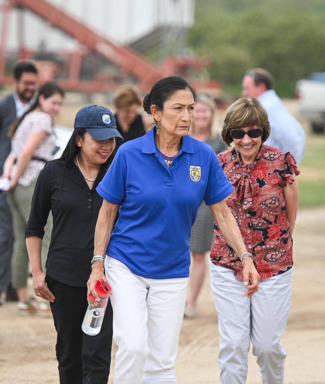 U.S. Secretary of the Interior Deb Haaland, center, tours a Madera County, Calif. farm with federal, state and local leaders while working on water solutions for farmers and highlighting investments from the Bipartisan Infrastructure Law and Inflation Reduction Act, on Wednesday, Aug. 17, 2022.