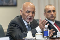 Afghan President Ashraf Ghani, left, speaks before a meeting with Secretary of Defense Lloyd Austin at the Pentagon in Washington, Friday, June 25, 2021. (AP Photo/Alex Brandon)