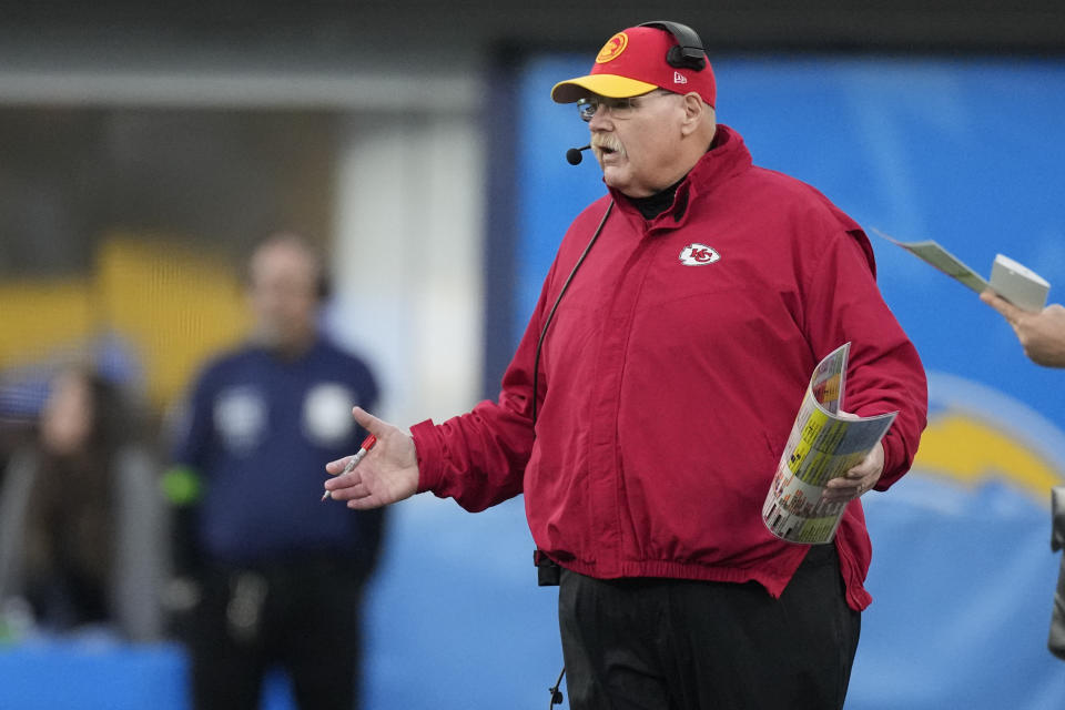 Kansas City Chiefs head coach Andy Reid looks on during the second half of an NFL football game against the Los Angeles Chargers, Sunday, Jan. 7, 2024, in Inglewood, Calif. (AP Photo/Ashley Landis)