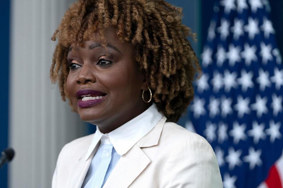 PHOTO: White House press secretary Karine Jean-Pierre speaks, Oct. 1, 2024, during a briefing at the White House in Washington. (Mark Schiefelbein/AP)