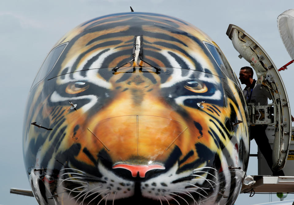 <p>Bei einer Flugzeug-Show in Singapur dürfen Interessierte eine Maschine des Typs Embraer E190-E2 bestaunen, die im Tigerlook daherkommt. (Bild: REUTERS/Edgar Su) </p>