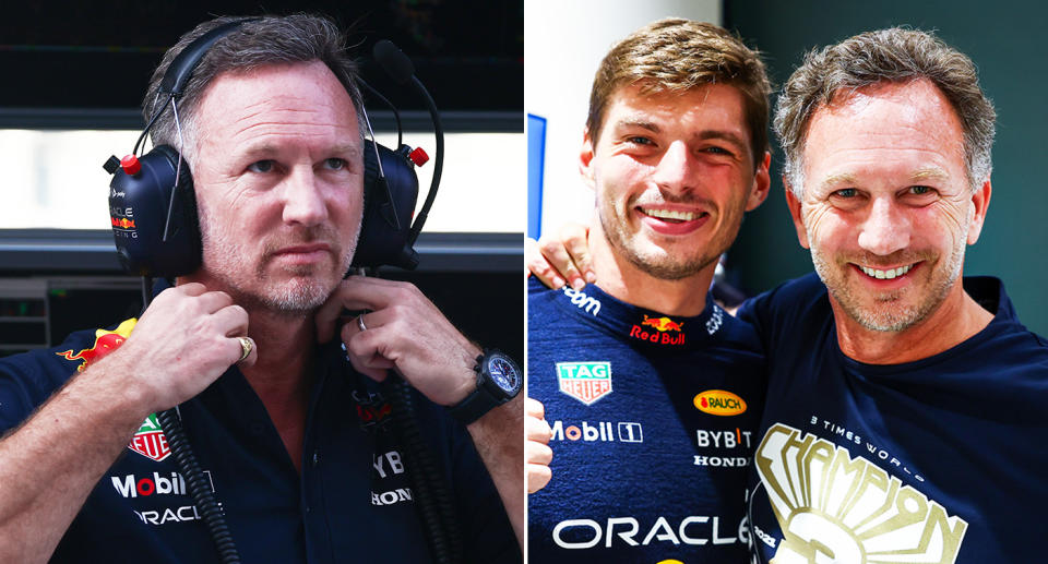 Pictured left Christian Horner and right with Max Verstappen