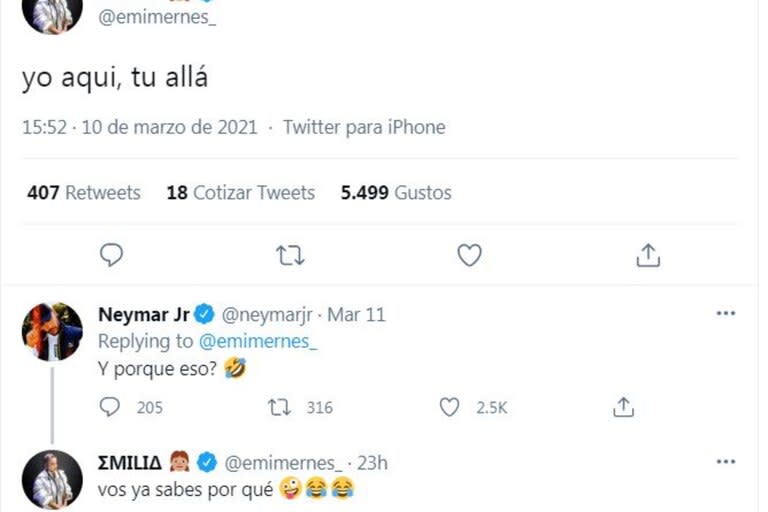 El ida y vuelta en Twitter de Emilia Mernes y Neymar