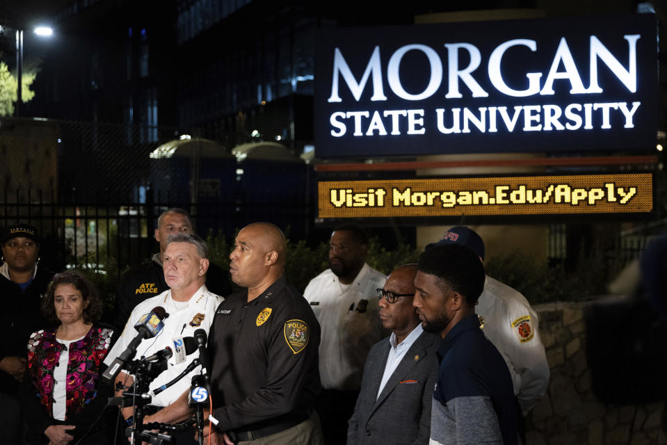 Morgan State University Police Chief Lance Hatcher speaks at a news conference after a shooting on campus, Wednesday, Oct. 4, 2023, in Baltimore. Multiple people were wounded, none critically, in a shooting that interrupted a homecoming week celebration at the university in Baltimore on Tuesday and prompted an hourslong lockdown of the historically Black college. (AP Photo/Julia Nikhinson)