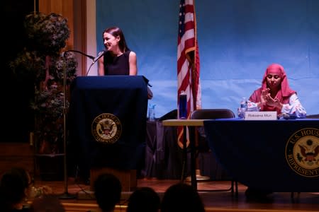 Representative Alexandria Ocasio-Cortez speaks during an Immigration Town Hall at The Nancy DeBenedittis Public School in Queens