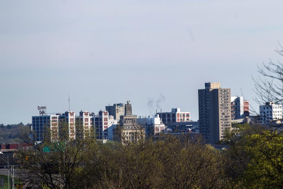 The Cedar Rapids skyline is seeon from Interstate 380 in April 2019. The city was recently named one of Iowa's best urban cities for singles by Ownerly.