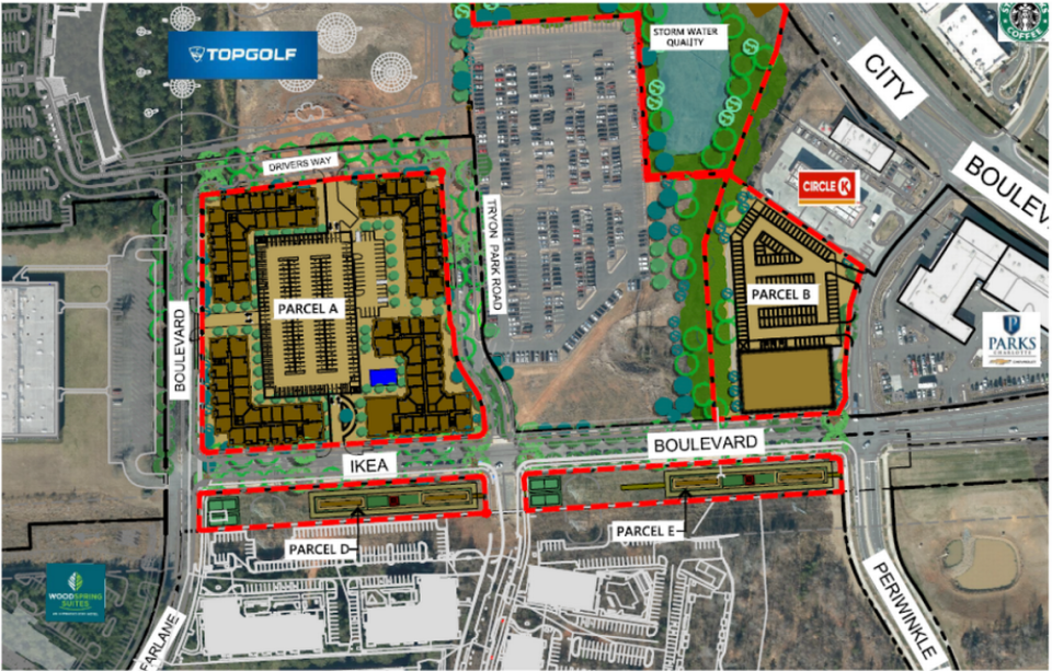 Cambridge Properties is seeking to rezone a roughly 15-acre site near Interstate 85 and University City Boulevard that would bring 350 apartments near Charlotte’s newest Topgolf location.