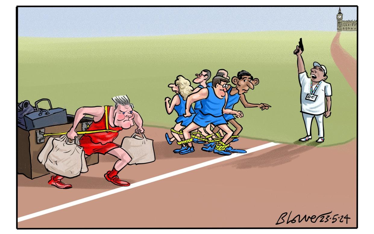 A cartoon of Rishi Sunak and Keir Starmer starting a race