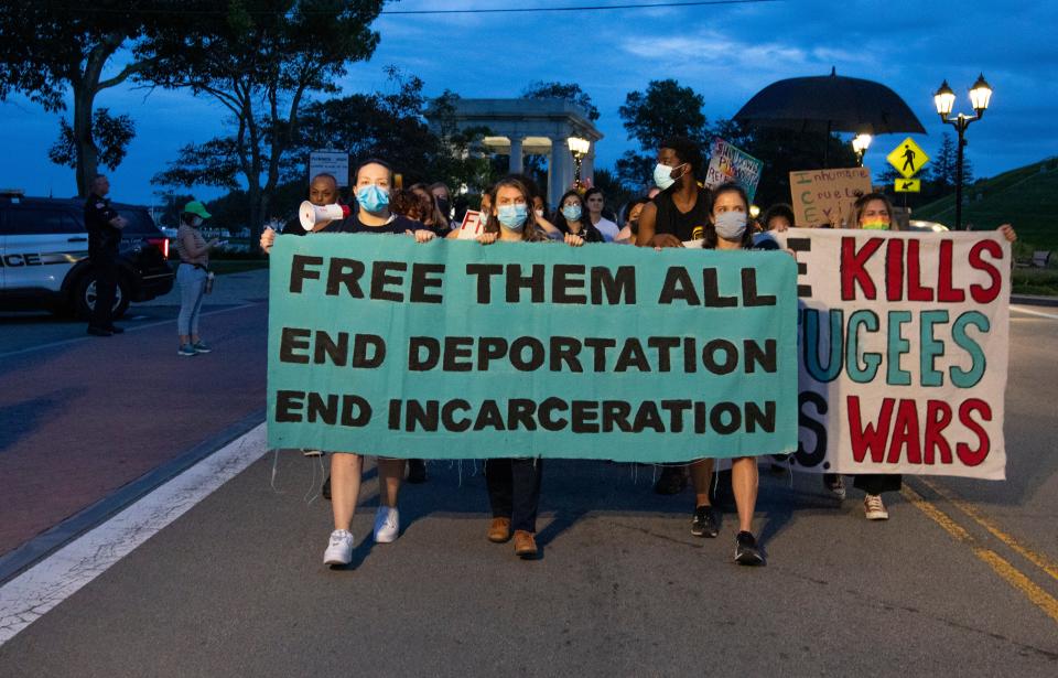 Protesters, as shown in this 2021 photo, have long called on the Plymouth County sheriff to end an agreement in which it holds detainees for U.S. Immigration and Customs Enforcement.