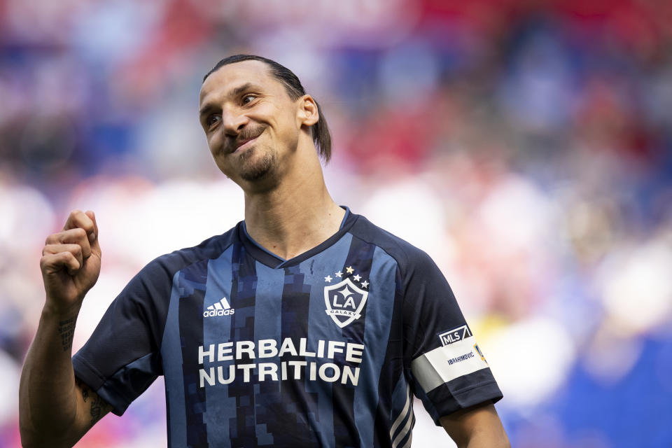 HARRISON, NJ - MAY 04: Zlatan Ibrahimovic #9 of LA Galaxy shows his frustration at a call during the MLS match between LA Galaxy and New York Red Bulls at Red Bull Arena on May 04 2019 in Harrison, NJ, USA. The Red Bulls won the match with a score of 3 to 2. (Photo by Ira L. Black/Corbis via Getty Images)