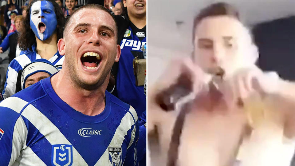 Pictured here, Bulldogs forward Adam Elliot and the naked video that has been leaked of him.