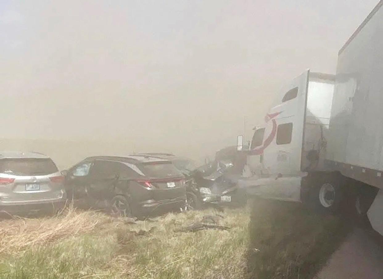 A crash involving 40 to 60 vehicles shut down a highway in Illinois, Monday, May 1, 2023.