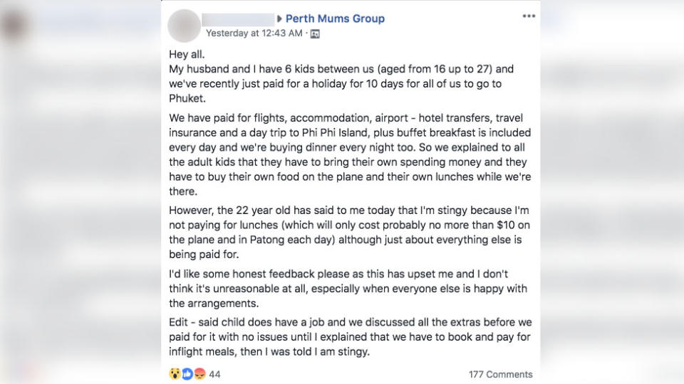 The mother has taken to the Perth Mums Facebook group to ask for advice. Source: Facebook