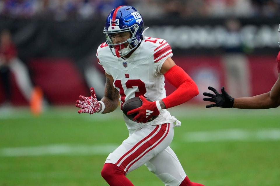 New York Giants wide receiver Jalin Hyatt (13) against the Arizona Cardinals during the second half of an NFL football game, Sunday, Sept. 17, 2023, in Glendale, Ariz. (AP Photo/Matt York)