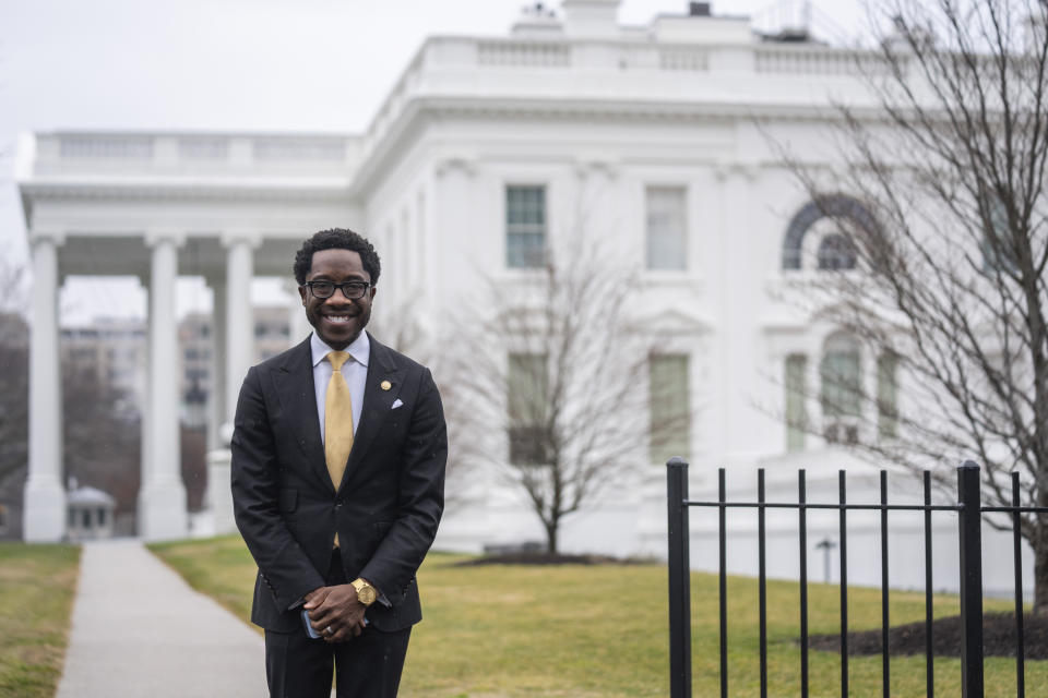 Michael Leach, a special assistant to President Joe Biden and the chief diversity and inclusion officer for the White House, stands outside the White House, Thursday, Jan. 25, 2024, in Washington. The White House says Leach, its chief diversity and inclusion officer, is leaving the Biden administration after three years in the position. (AP Photo/Evan Vucci)