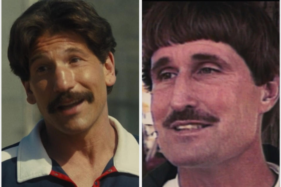 Jon with a bowl-like haircut and mustache on the left and Rick on the right