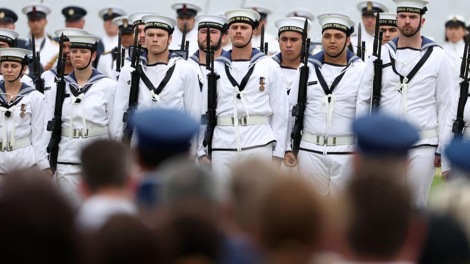 Sailors march during a Feb. 5, 2023, ceremony in Waitangi, New Zealand. (Fiona Goodall/Getty Images)