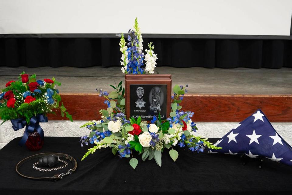 A service was held at the Sedgwick County Extension Center to honor fallen Sedgwick County Sheriff’s Office K-9 Bane. Bane was killed on Nov. 16, 2023, after he was sent into a drainage pipe in an effort to apprehend a suspect.