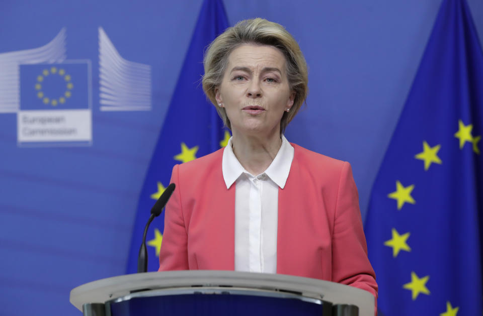 European Commission President Ursula von der Leyen delivers a statement at the EU headquarters in Brussels, Sunday, Dec. 13, 2020. Britain and the European Union say talks will continue on a free trade agreement — a deal that if sealed would avert New Year's chaos for cross-border traders and bring a measure of certainty for businesses after years of Brexit turmoil. (Olivier Hoslet/Pool Photo via AP)