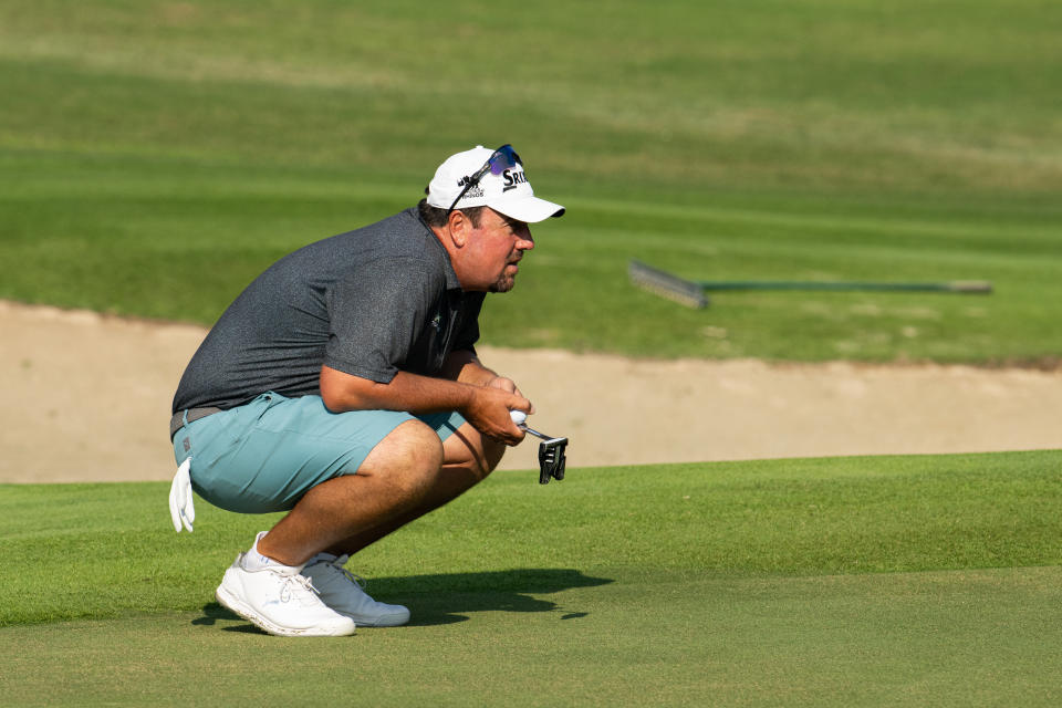 Jaco Ahlers of South Africa reads his putt on the second green during the second round of the LIV Golf Promotions at the Abu Dhabi Golf Club on Saturday, December 09, 2023 in Abu Dhabi, United Arab Emirates. (Photo by Montana Pritchard/LIV Golf)