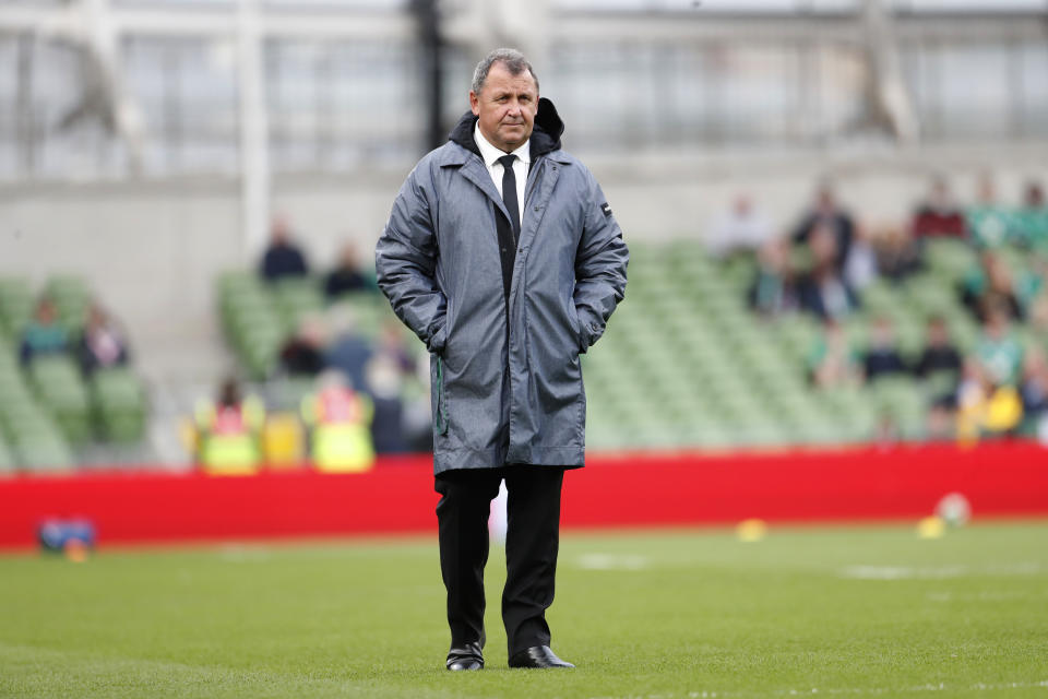 FILE - New Zealand All Blacks head coach Ian Foster watches his players warmup ahead of the international rugby union match between Ireland and New Zealand, at the Aviva Stadium in Dublin on Nov. 13, 2021. All Blacks head coach Foster, assistant John Plumtree and two leading players have tested positive for COVID-19, Monday, June 27, 2002, which is severely disrupting the team's preparation for Saturday's first rugby test against Ireland. (AP Photo/Peter Morrison, File)